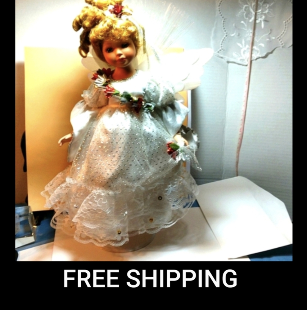 Angel Fiber Optic Doll Wings Porcelain Green Glass Eyes White Dress 16" Tall